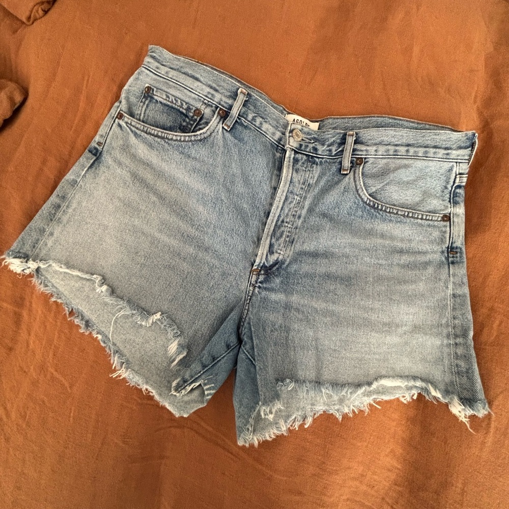 Agolde Frayed Hem Light Blue Jean Shorts